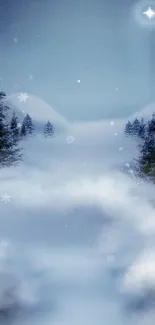 Dreamy winter landscape with snowy trees and moonlit sky.