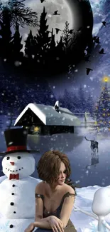 Fantasy snowy scene with snowman and full moon.