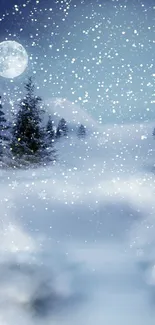 Snowy landscape with moonlit trees and a starry night sky.