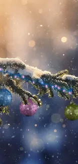 Snowy pine branch with colorful ornaments against winter night backdrop.