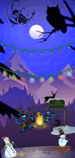 Animated winter night scene with lights, snowmen, and mountains.