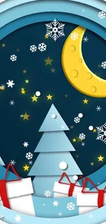 Winter night festive wallpaper with crescent moon, snowflakes, and gifts.