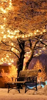 Winter night with glowing lights and a snowy bench scene.