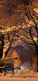 Snowy park at night with glowing string lights and a wooden bench.