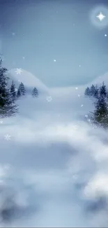 Serene winter night wallpaper with moon and snow-covered trees.