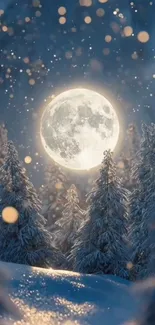 A full moon illuminates a snowy forest on a magical winter night.