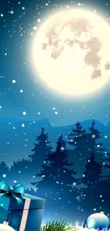 Moonlit winter night with snow and a gift box wallpaper.