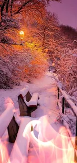 Snowy park path at night with warm streetlight glow.