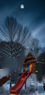 A winter night playground with snow and a moonlit sky.