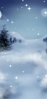 Winter night sky with moon, stars, and snowy landscape wallpaper.