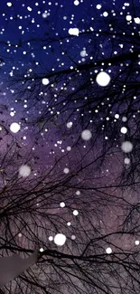 Snow falling on a starry winter night with silhouetted trees.