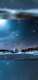 Starry winter night sky with snowy landscape, trees, and glowing moon.