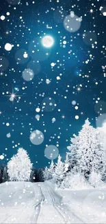 Serene winter night wallpaper with snowflakes and starry sky.