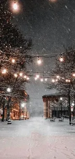 Serene snowy park illuminated by hanging lights on a winter night.