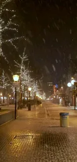 Winter night scene with illuminated street trees.