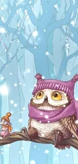 Illustrated owl and mouse on snowy branch in winter forest.