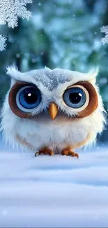 Cute winter owl with snowflakes background on mobile wallpaper.