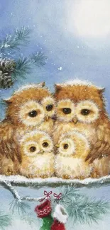 Adorable owl family on snowy branch under moon.