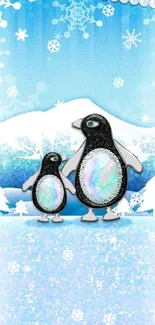 Whimsical penguins in a snowy, sparkling winter wonderland with snowflakes.