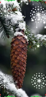 Snowy pinecone with green branches and decorative snowflakes.