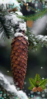 Snowy pinecone on branch mobile wallpaper.