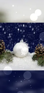 Winter wallpaper with pinecones, snowflakes, and white ornament on dark blue background.