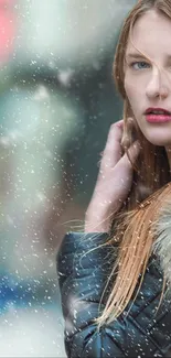 Stylish woman in winter snowfall portrait.