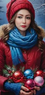 Woman in red coat with ornaments in snowy forest.