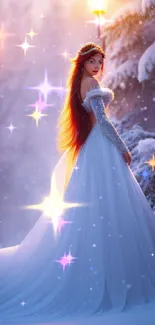 Winter princess in a snowy landscape with glowing lamplights and falling snow.