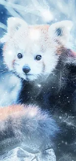 Red panda in a snowy, icy blue themed wallpaper.