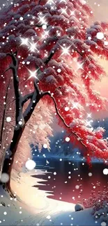 A vibrant red tree beside a snowy river in a winter landscape wallpaper.