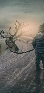 Child with reindeer on snowy path in winter scene.