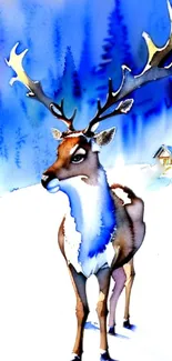 A watercolor reindeer in a snowy, blue forest landscape.