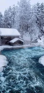 Winter cabin by flowing icy river with snowy trees.