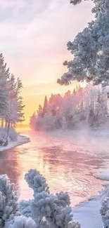 Winter sunrise over a frosty river with snow-covered trees.