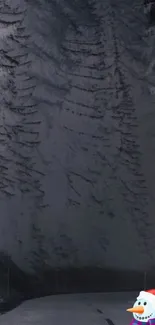 Winter road with snowy trees and festive snowman.