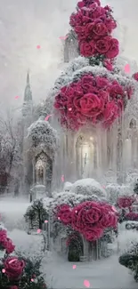 Enchanting winter scene with pink roses and snow-covered garden.