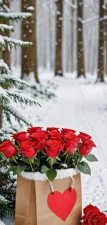 Red roses in a paper bag in a snowy forest scene.