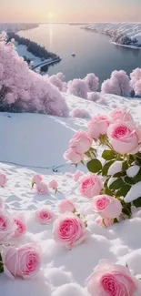 Winter scene with pink roses in snow by a river.