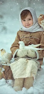 Child in cozy winter attire with birds in snowy setting.