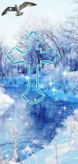 Peaceful winter scene with a blue cross reflecting over an icy river.