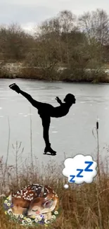 Figure skater on a frozen pond in winter scene.