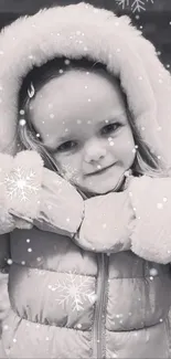 Child in winter coat with snowflakes on a snowy day.