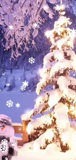 Snowy Christmas tree with a winter backdrop.