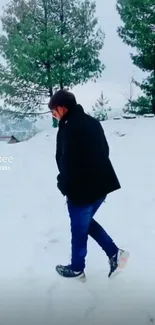 Person walking through snowy landscape with tall evergreen trees.