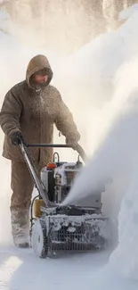 Man operates snowblower in snowy winter landscape.