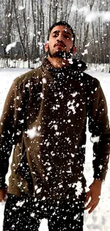 Man standing in a snowy forest with falling snowflakes