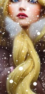 Winter wallpaper with blonde woman and snowfall effect.