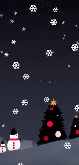 Mobile wallpaper with snowflakes, snowmen, and Christmas trees at night.