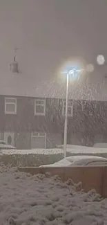 Winter night with heavy snowfall and a glowing street lamp.